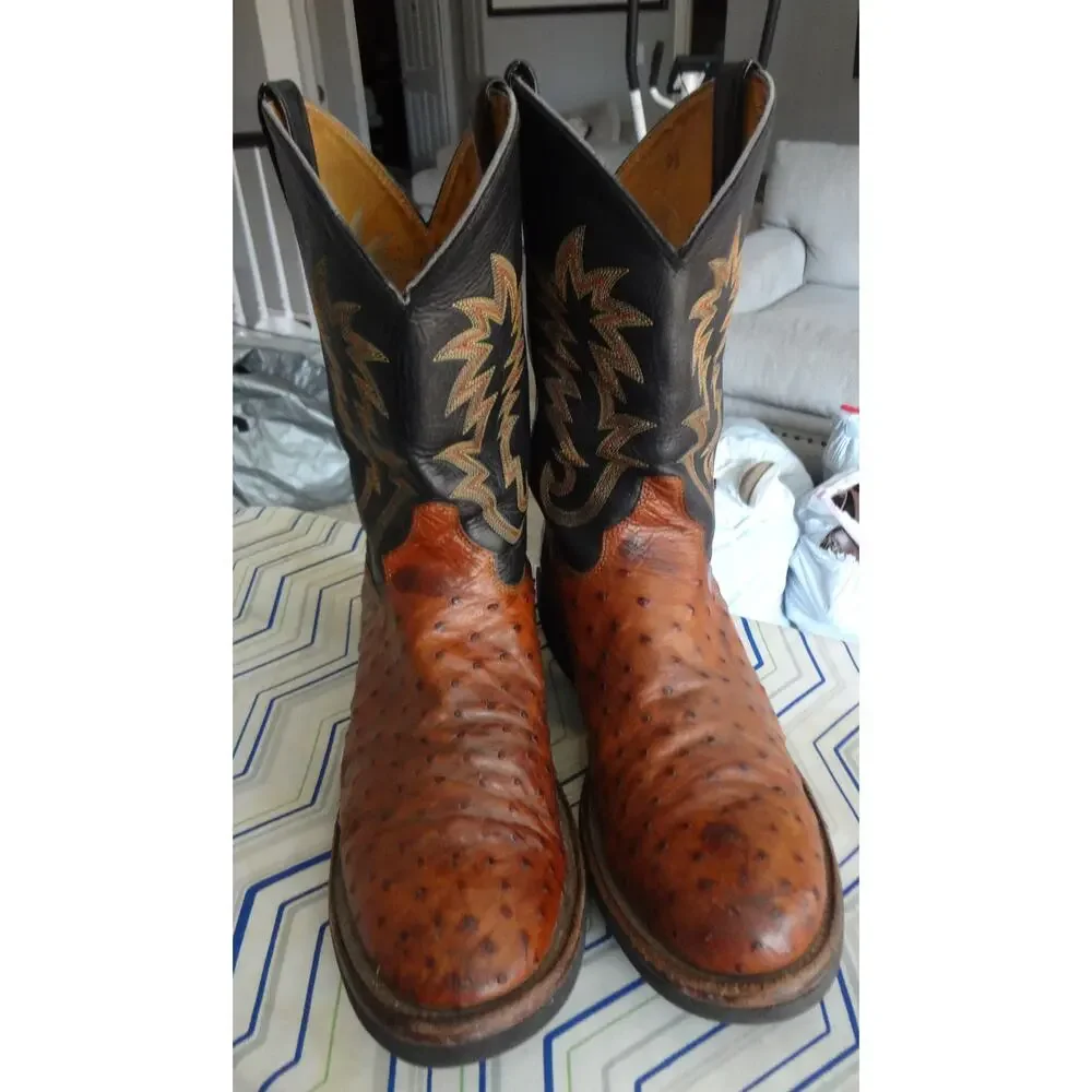 Vintage JUSTIN Ostrich Leather Brown Black Western Cowboy Boot Men 12 Full Quill